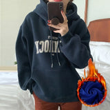 GETADME 한국식 루즈 후드 스타일 스타일리시한 중간 길이 후드 여성용 긴팔 레이지 스타일 레터 프린트 탑