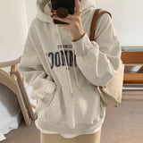 GETADME 한국식 루즈 후드 스타일 스타일리시한 중간 길이 후드 여성용 긴팔 레이지 스타일 레터 프린트 탑