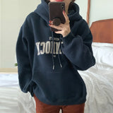 GETADME 한국식 루즈 후드 스타일 스타일리시한 중간 길이 후드 여성용 긴팔 레이지 스타일 레터 프린트 탑