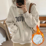 GETADME 한국식 루즈 후드 스타일 스타일리시한 중간 길이 후드 여성용 긴팔 레이지 스타일 레터 프린트 탑