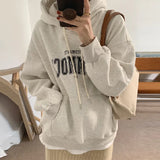 GETADME 한국식 루즈 후드 스타일 스타일리시한 중간 길이 후드 여성용 긴팔 레이지 스타일 레터 프린트 탑