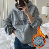 GETADME 한국식 루즈 후드 스타일 스타일리시한 중간 길이 후드 여성용 긴팔 레이지 스타일 레터 프린트 탑