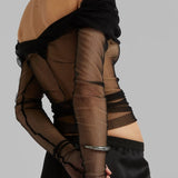 GETADME Korean Mesh Sheer Crop Tops Elegant Off the Shoulder T-shirt Chic Women Long Sleeves Slim Fit Cover-Ups Tees