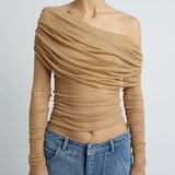 GETADME Korean Mesh Sheer Crop Tops Elegant Off the Shoulder T-shirt Chic Women Long Sleeves Slim Fit Cover-Ups Tees
