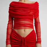 GETADME Korean Mesh Sheer Crop Tops Elegant Off the Shoulder T-shirt Chic Women Long Sleeves Slim Fit Cover-Ups Tees
