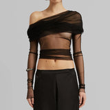 GETADME Korean Mesh Sheer Crop Tops Elegant Off the Shoulder T-shirt Chic Women Long Sleeves Slim Fit Cover-Ups Tees