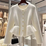 GETADME Korean Round Neck Knitted Women Beige Sweater Cardigan Female 2025 Autumn Winter Fashion Collection Soft Knitted Cardigan Top