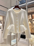 GETADME Korean Round Neck Knitted Women Beige Sweater Cardigan Female 2025 Autumn Winter Fashion Collection Soft Knitted Cardigan Top