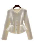 GETADME Korean Round Neck Knitted Women Beige Sweater Cardigan Female 2025 Autumn Winter Fashion Collection Soft Knitted Cardigan Top