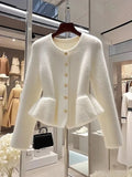 GETADME Korean Round Neck Knitted Women Beige Sweater Cardigan Female 2025 Autumn Winter Fashion Collection Soft Knitted Cardigan Top