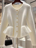 GETADME Korean Round Neck Knitted Women Beige Sweater Cardigan Female 2025 Autumn Winter Fashion Collection Soft Knitted Cardigan Top
