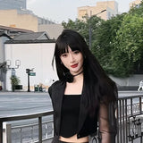 GETADME 한국식 심플 하이웨이스트 할로우 아웃 블랙 팬츠 + Y2K E-Girl 슬림핏 메시 롱슬리브 탑 여성 그런지 투피스 세트