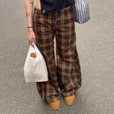GETADME Korean Style 90s Vintage Loose Fit Wide Leg Sweatpants Harajuku Plaid Pants Teen Girl High Waist Baggy Trousers Y2k Streetwear