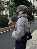 GETADME Korean Style High-end Short Gray Cotton Parkas Loose  Warm Thickened Stand Collar Outwear 2025 New Winter Coat Women