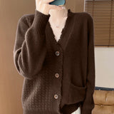 GETADME Korean V-Neck 100% Pure Wool Knitted Cardigan Jacket Women's 2024 Autumn Winter New Loose Thicken Warm Cashmere Sweater Coat Top