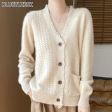 GETADME Korean V-Neck 100% Pure Wool Knitted Cardigan Jacket Women's 2024 Autumn Winter New Loose Thicken Warm Cashmere Sweater Coat Top