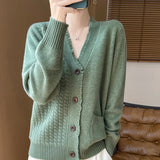 GETADME Korean V-Neck 100% Pure Wool Knitted Cardigan Jacket Women's 2024 Autumn Winter New Loose Thicken Warm Cashmere Sweater Coat Top