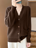 GETADME Korean V-Neck 100% Pure Wool Knitted Cardigan Jacket Women's 2024 Autumn Winter New Loose Thicken Warm Cashmere Sweater Coat Top