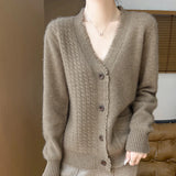 GETADME Korean V-Neck 100% Pure Wool Knitted Cardigan Jacket Women's 2024 Autumn Winter New Loose Thicken Warm Cashmere Sweater Coat Top