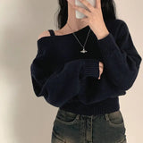 GETADME Korean Women's Off Shoulder Strap Knitwear Sweater New Design Diagonal Shoulder Short Top Elegant Sexy Bat Sleeve Sweater свитер