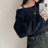 GETADME Korean Women's Off Shoulder Strap Knitwear Sweater New Design Diagonal Shoulder Short Top Elegant Sexy Bat Sleeve Sweater свитер