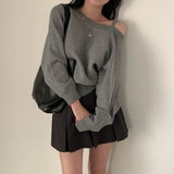GETADME Korean Women's Off Shoulder Strap Knitwear Sweater New Design Diagonal Shoulder Short Top Elegant Sexy Bat Sleeve Sweater свитер