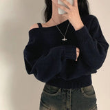GETADME Korean Women's Off Shoulder Strap Knitwear Sweater New Design Diagonal Shoulder Short Top Elegant Sexy Bat Sleeve Sweater свитер