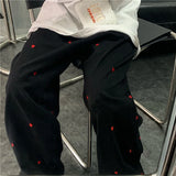 GETADME Korean Women's Sports Pants Cute Wide Leg Pants Fashion Love Embroidered Joker Pants Women's Harajuku Sports Pants Beige 2025