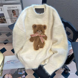 GETADME Korejpaa Kawaii Clothes Women Sweater 2025 Autumn Round Neck Cartoon Bear Mohair Knitted Pullover Gentle Sweet Pull Femme