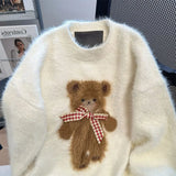 GETADME Korejpaa Kawaii Clothes Women Sweater 2025 Autumn Round Neck Cartoon Bear Mohair Knitted Pullover Gentle Sweet Pull Femme