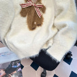 GETADME Korejpaa Kawaii Clothes Women Sweater 2025 Autumn Round Neck Cartoon Bear Mohair Knitted Pullover Gentle Sweet Pull Femme