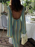 GETADME LANMREM Fashion Backless Women's Dress Lace Contrast Color Long Sleeves Slim Design Dresses 2025 New Summer Clothing 32C825