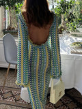 GETADME LANMREM Fashion Backless Women's Dress Lace Contrast Color Long Sleeves Slim Design Dresses 2025 New Summer Clothing 32C825