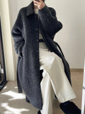 GETADME Women's Thick Warm Woolen Coats Lapel Belt Design Minimalism Long Outwear Outdoors Clothes 2025 Winter New 26C1155