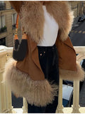 GETADME 2025 new winter fashion fur collar turn-down full sleeves spliced pu leather warm thickness coat WQ1012816L