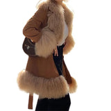 GETADME 2025 new winter fashion fur collar turn-down full sleeves spliced pu leather warm thickness coat WQ1012816L