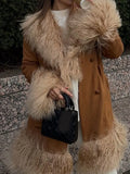 GETADME 2025 new winter fashion fur collar turn-down full sleeves spliced pu leather warm thickness coat WQ1012816L