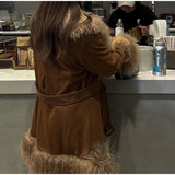 GETADME 2025 new winter fashion fur collar turn-down full sleeves spliced pu leather warm thickness coat WQ1012816L