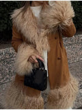 GETADME 2025 new winter fashion fur collar turn-down full sleeves spliced pu leather warm thickness coat WQ1012816L
