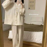 GETADME Lace Sleepwear Women Pajama Sets Floral Piiama Spring Sets 2 Pieces Korean Long Sleeve Night Wears Sleep Button Ruffle Home Suit