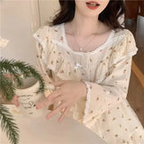 GETADME Lace Sleepwear Women Pajama Sets Floral Piiama Spring Sets 2 Pieces Korean Long Sleeve Night Wears Sleep Button Ruffle Home Suit