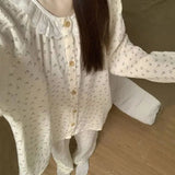 GETADME Lace Sleepwear Women Pajama Sets Floral Piiama Spring Sets 2 Pieces Korean Long Sleeve Night Wears Sleep Button Ruffle Home Suit