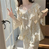 GETADME Lace Sleepwear Women Pajama Sets Floral Piiama Spring Sets 2 Pieces Korean Long Sleeve Night Wears Sleep Button Ruffle Home Suit
