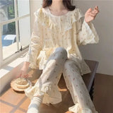 GETADME Lace Sleepwear Women Pajama Sets Floral Piiama Spring Sets 2 Pieces Korean Long Sleeve Night Wears Sleep Button Ruffle Home Suit