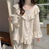 GETADME Lace Sleepwear Women Pajama Sets Floral Piiama Spring Sets 2 Pieces Korean Long Sleeve Night Wears Sleep Button Ruffle Home Suit