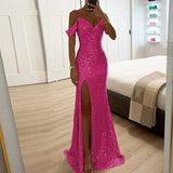 GETADME Ladies Fashion V Neck Shiny Sequin Party Dress Elegant Wrap Chest Slim Long Dress 2025 Casual Solid Color Split Evening Dresses