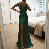GETADME Ladies Fashion V Neck Shiny Sequin Party Dress Elegant Wrap Chest Slim Long Dress 2025 Casual Solid Color Split Evening Dresses