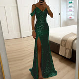 GETADME Ladies Fashion V Neck Shiny Sequin Party Dress Elegant Wrap Chest Slim Long Dress 2025 Casual Solid Color Split Evening Dresses