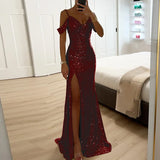 GETADME Ladies Fashion V Neck Shiny Sequin Party Dress Elegant Wrap Chest Slim Long Dress 2025 Casual Solid Color Split Evening Dresses