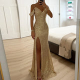 GETADME Ladies Fashion V Neck Shiny Sequin Party Dress Elegant Wrap Chest Slim Long Dress 2025 Casual Solid Color Split Evening Dresses
